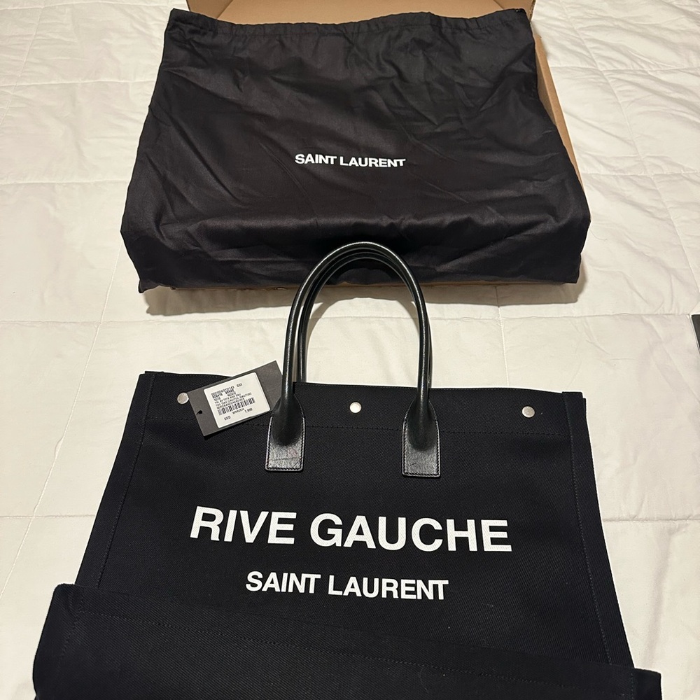 Saint Laurent Black Canvas Rive Gauche Tote with White Logo